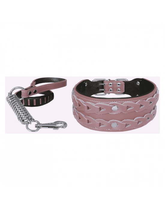 Markapet Elegance Deri İşlemeli Lüks Köpek Tasma Seti XL 7 cm*60-68 cm Pudra