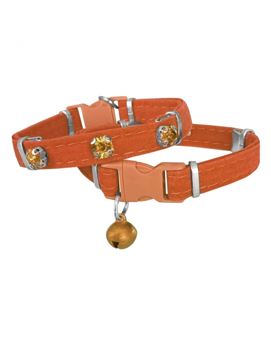 Markapet Kadife Kedi Boyun Tasması Taşlı 20-32 cm Turuncu