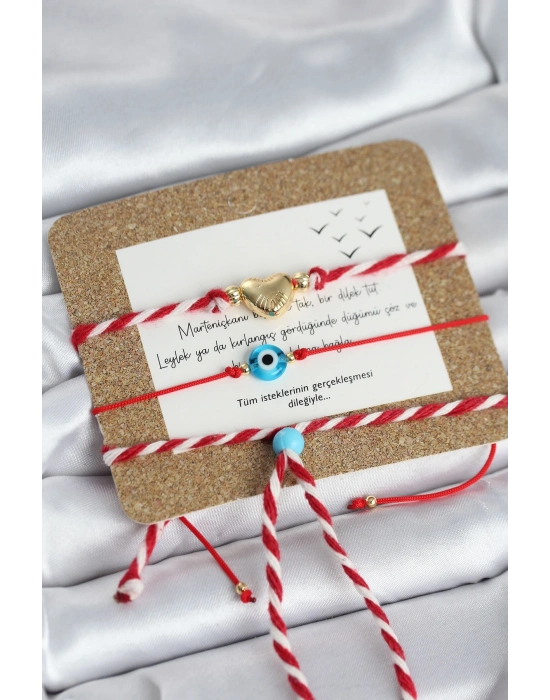 Marteniçka Bileklik 3lü Kalp ve Mavi Boncuk Model