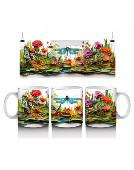 Masalsı Çiçekli Bahçede Neşeli Hayvanlar – Baskılı Kahve Kupası