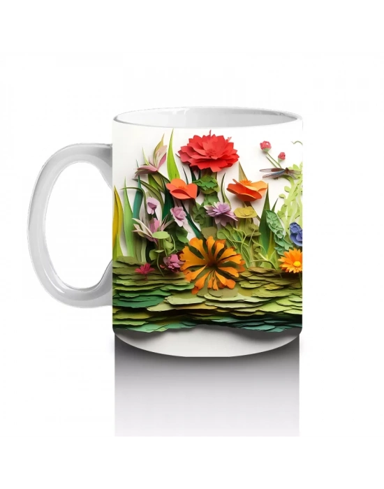 Masalsı Çiçekli Bahçede Neşeli Hayvanlar – Baskılı Kahve Kupası