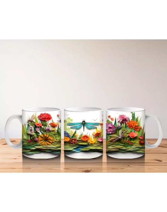 Masalsı Çiçekli Bahçede Neşeli Hayvanlar – Baskılı Kahve Kupası