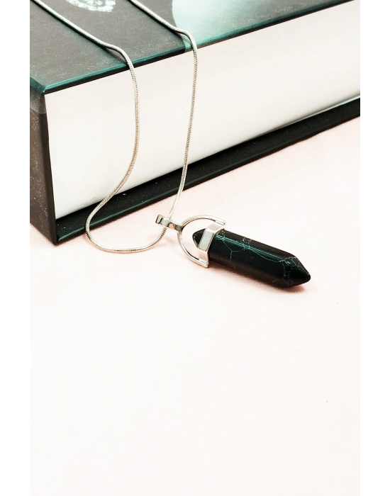 Mat Oniks Doğal Taşı Zincirli El Yapımı Tasarımlı Kolye Uç: 3,5 cm Zincir: 20 cm Kutulu