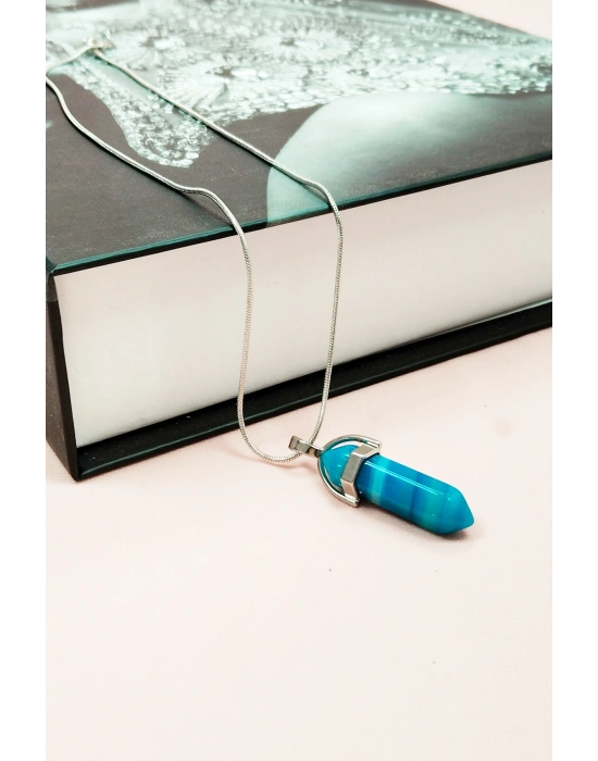 Mavi Akik Doğal Taşı Zincirli El Yapımı Tasarımlı Kolye Uç: 3,5 cm Zincir: 20 cm Kutulu