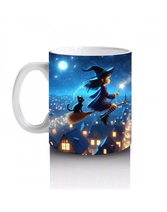 Mavi Arka Plan Üzerinde Uçan Cadı Silüetleriyle Renkli Cadılar Bayramı Baskılı Kupa