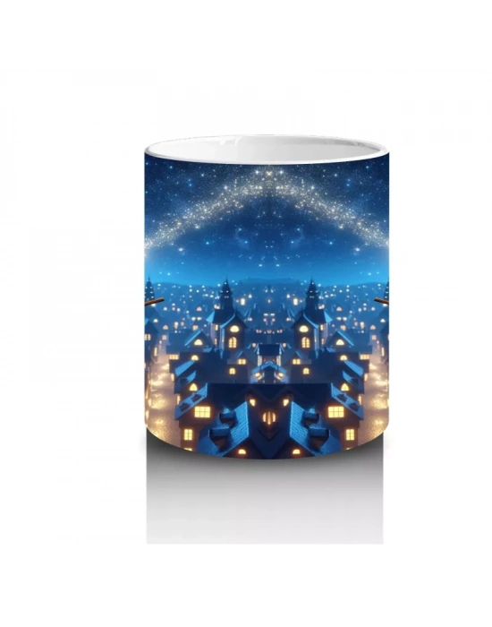 Mavi Arka Plan Üzerinde Uçan Cadı Silüetleriyle Renkli Cadılar Bayramı Baskılı Kupa