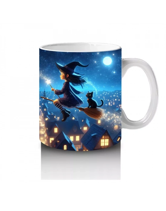 Mavi Arka Plan Üzerinde Uçan Cadı Silüetleriyle Renkli Cadılar Bayramı Baskılı Kupa