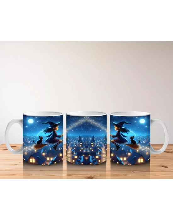 Mavi Arka Plan Üzerinde Uçan Cadı Silüetleriyle Renkli Cadılar Bayramı Baskılı Kupa