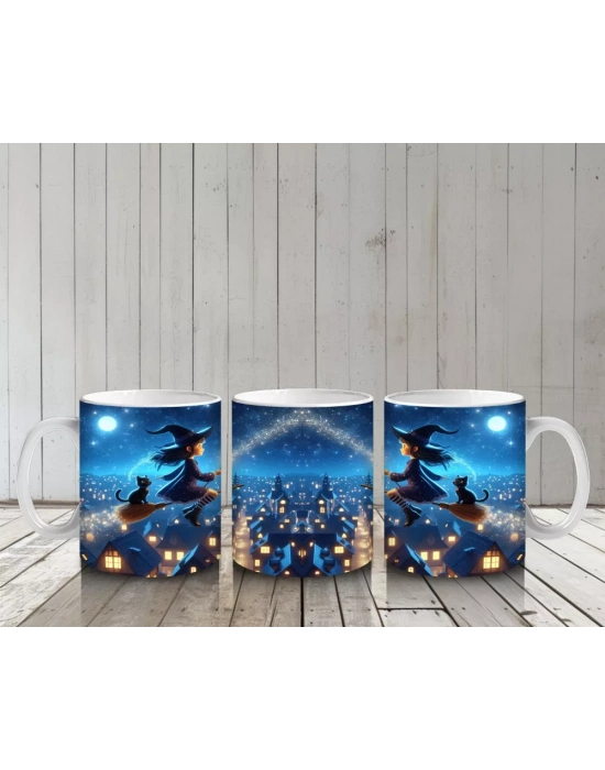 Mavi Arka Plan Üzerinde Uçan Cadı Silüetleriyle Renkli Cadılar Bayramı Baskılı Kupa