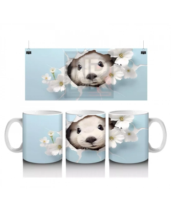 Mavi Arka Planda Çiçekler İçinde Sevimli Su Samuru – Baskılı Kahve Kupası