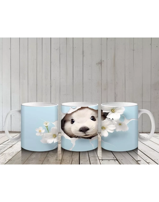 Mavi Arka Planda Çiçekler İçinde Sevimli Su Samuru – Baskılı Kahve Kupası