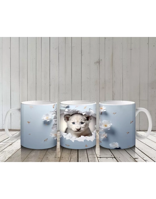 Mavi Arka Planda Şirin Yavru Kaplan – Baskılı Kahve Kupası