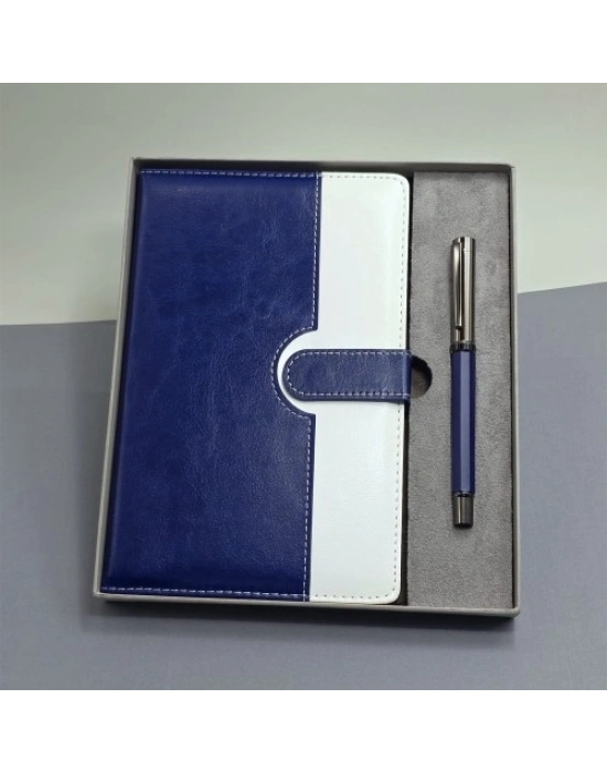 Mavi Beyaz Deri Kapaklı Defter Ve Metal Kalem Set