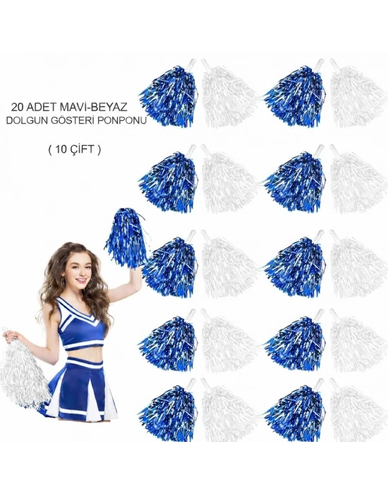 Mavi Beyaz Metalik Dolgun Gösteri Ponponu 20 Adet (10 Çift)