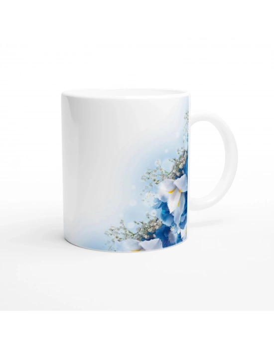 Mavi Beyaz Zarif Çiçek Desenli Kupa Bardak