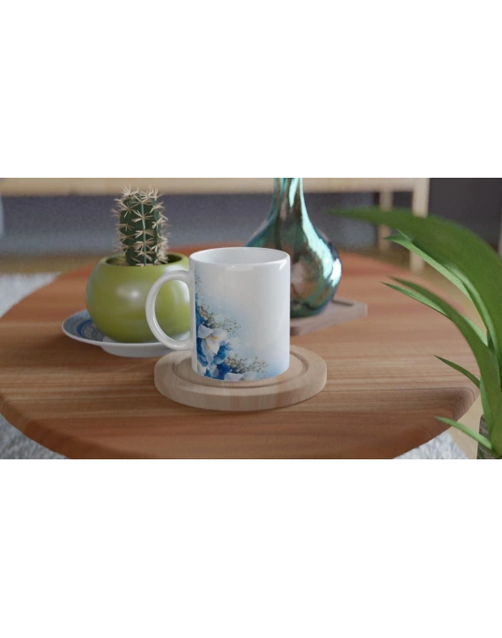 Mavi Beyaz Zarif Çiçek Desenli Kupa Bardak