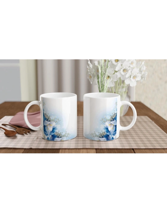 Mavi Beyaz Zarif Çiçek Desenli Kupa Bardak