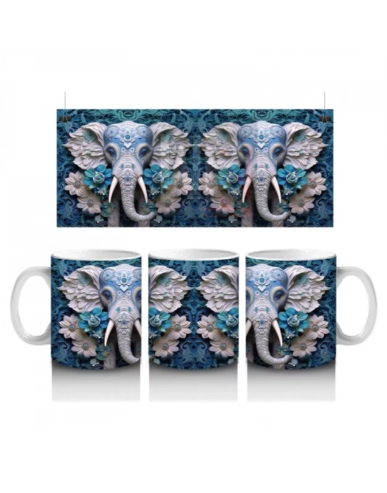 Mavi Çiçekler Arasında Fil Maskotu – Baskılı Kahve Kupası