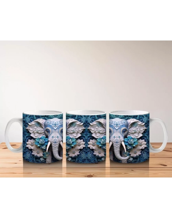 Mavi Çiçekler Arasında Fil Maskotu – Baskılı Kahve Kupası