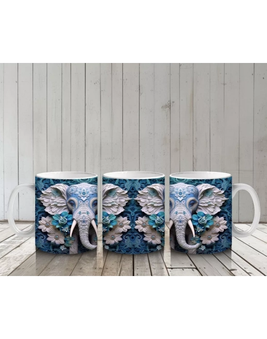 Mavi Çiçekler Arasında Fil Maskotu – Baskılı Kahve Kupası