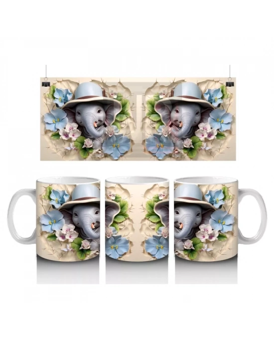 Mavi Çiçeklerle Süslenmiş Şapkalı Sevimli Filler – Baskılı Kahve Kupası