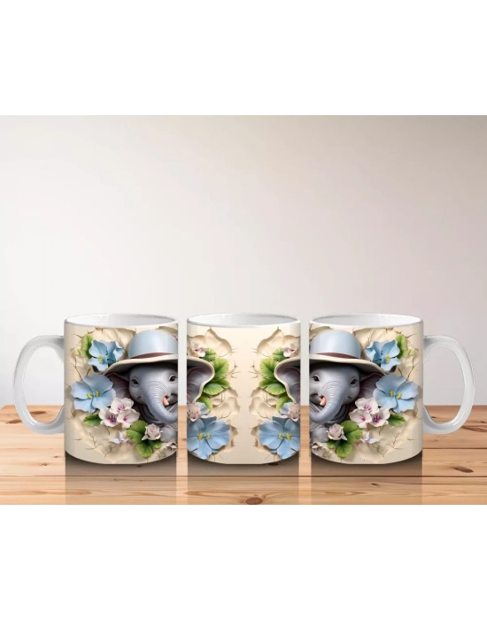Mavi Çiçeklerle Süslenmiş Şapkalı Sevimli Filler – Baskılı Kahve Kupası
