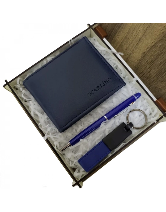 Mavi Cüzdan Kalem Ve Deri Mavi Anahtarlık Set