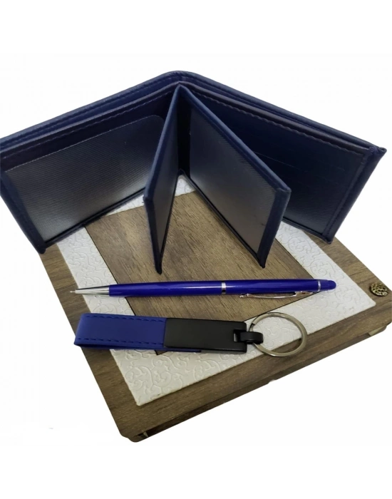 Mavi Cüzdan Kalem Ve Deri Mavi Anahtarlık Set