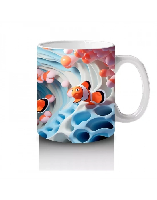 Mavi Dalgalar Arasında Palyaço Balığı Ailesi – Baskılı Kahve Kupası
