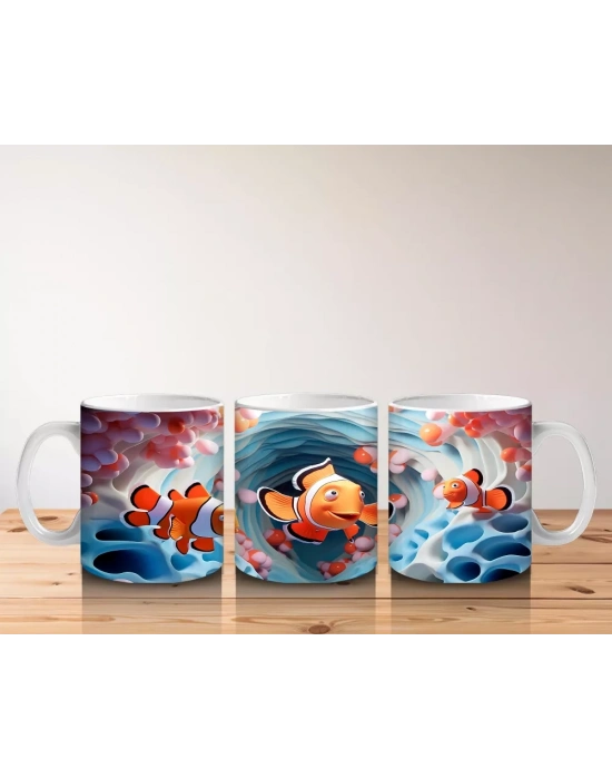 Mavi Dalgalar Arasında Palyaço Balığı Ailesi – Baskılı Kahve Kupası