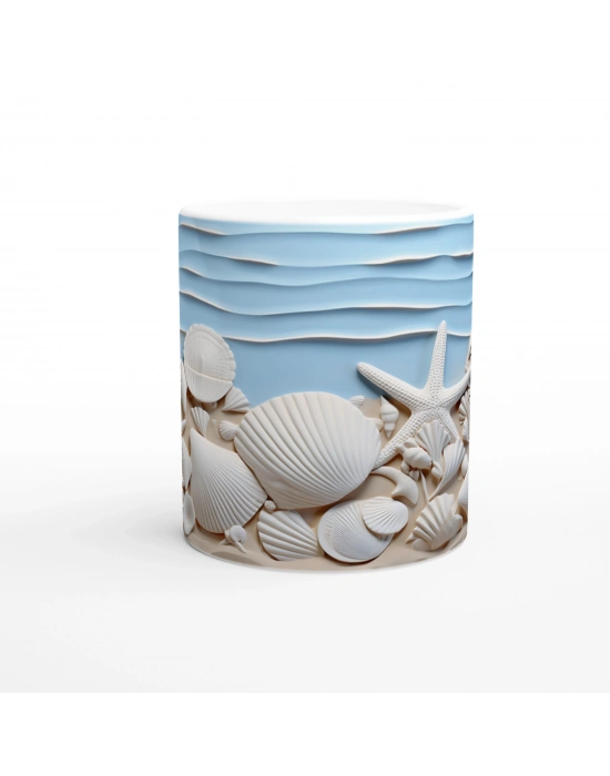 Mavi Dalgalar ve Kumda Kabuklu Su Altı Temalı Kupa Bardak