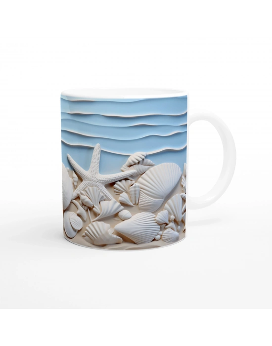 Mavi Dalgalar ve Kumda Kabuklu Su Altı Temalı Kupa Bardak