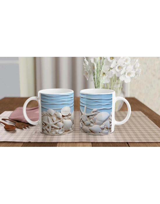 Mavi Dalgalar ve Kumda Kabuklu Su Altı Temalı Kupa Bardak