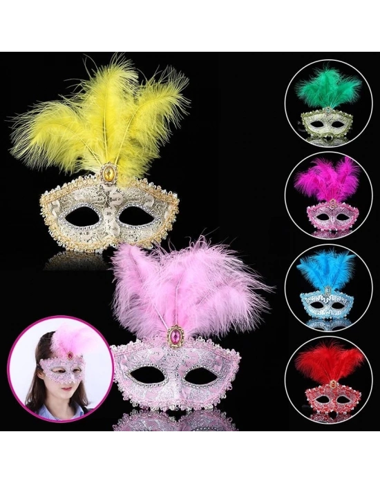 Mavi Dantel İşlemeli Mavi Tüylü Balo Parti Maskesi 17x20 Cm