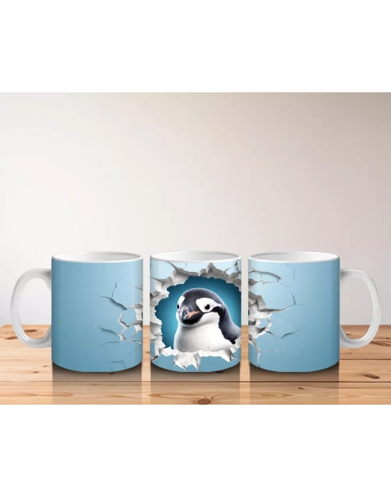 Mavi Duvar Kırığında Penguen – Baskılı Kahve Kupası