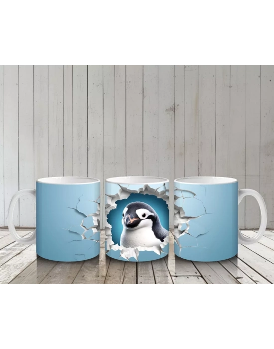 Mavi Duvar Kırığında Penguen – Baskılı Kahve Kupası