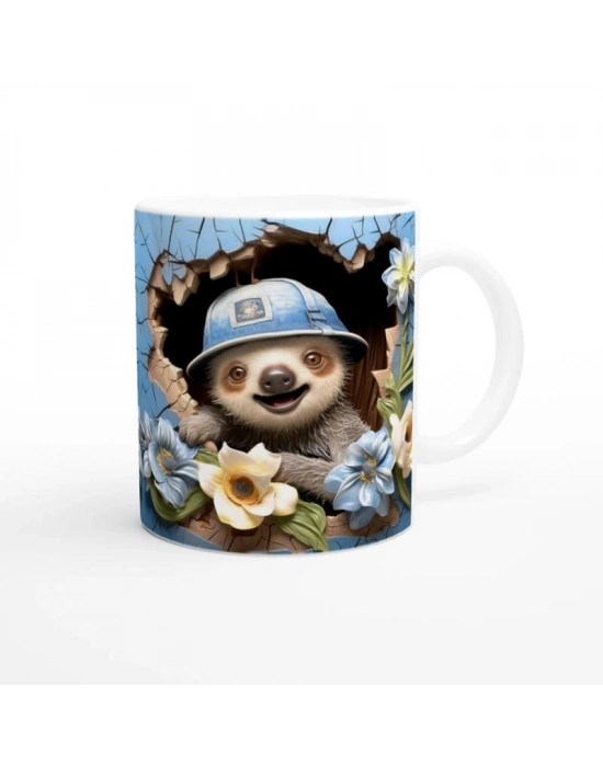 Mavi Duvardan Bakan Şapkalı Tembel Hayvan Temalı Baskılı Kupa Bardak