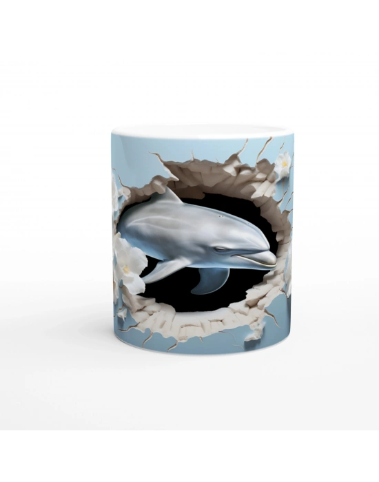 Mavi Fon Üzerinde Çiçekler ve Yunus Su Altı Temalı Kupa Bardak