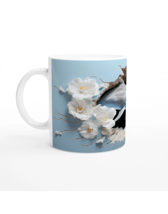 Mavi Fon Üzerinde Çiçekler ve Yunus Su Altı Temalı Kupa Bardak