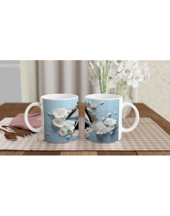 Mavi Fon Üzerinde Çiçekler ve Yunus Su Altı Temalı Kupa Bardak