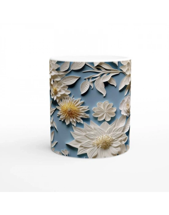 Mavi Fon Üzerine Krem Rölyef Çiçekli Kupa Bardak