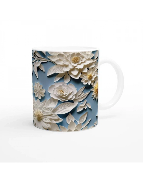 Mavi Fon Üzerine Krem Rölyef Çiçekli Kupa Bardak