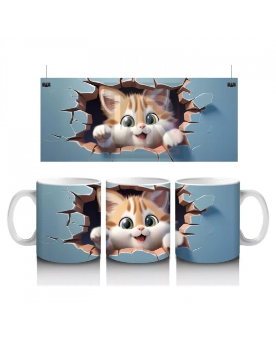 Mavi Fon Üzerine Yırtık Desenli Kedi – Baskılı Kupa