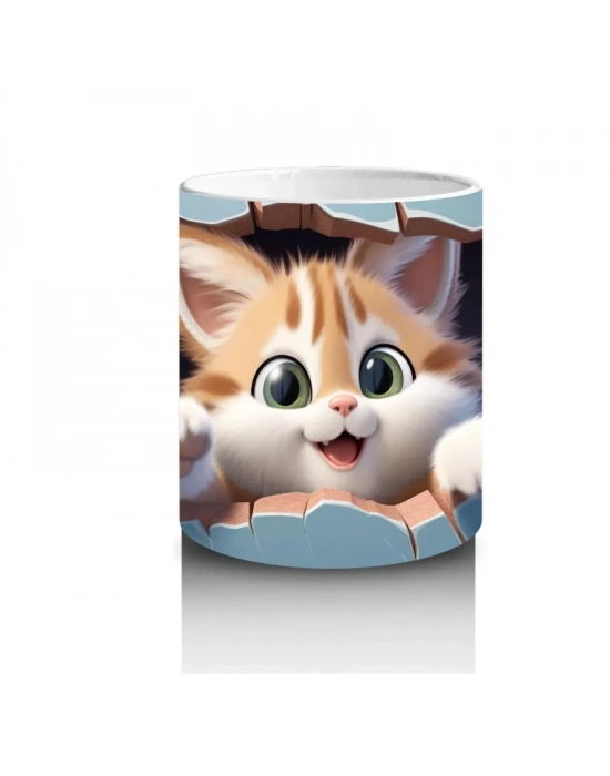 Mavi Fon Üzerine Yırtık Desenli Kedi – Baskılı Kupa
