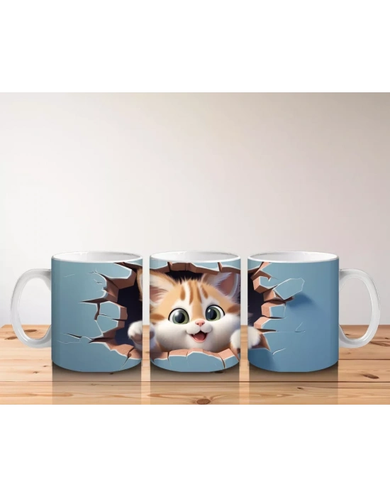 Mavi Fon Üzerine Yırtık Desenli Kedi – Baskılı Kupa