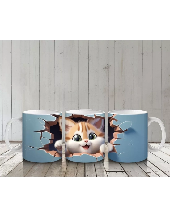 Mavi Fon Üzerine Yırtık Desenli Kedi – Baskılı Kupa