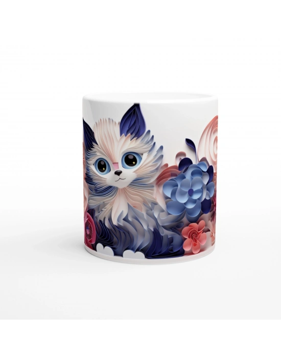 Mavi Gözlü Sevimli Kedi ve Çiçek Bahçesi Temalı Baskılı Kupa Bardak