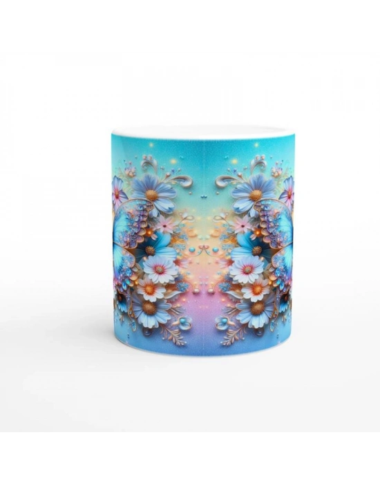 Mavi Işıltılı Kelebek ve Çiçekler Temalı Baskılı Kupa Bardak