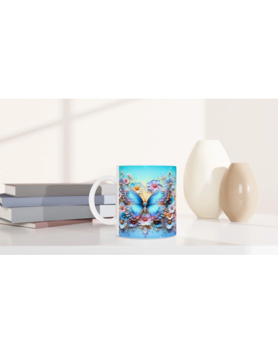 Mavi Işıltılı Kelebek ve Çiçekler Temalı Baskılı Kupa Bardak