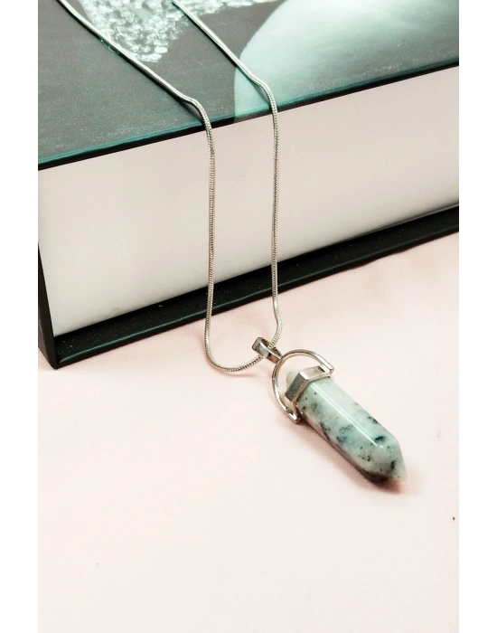 Mavi Kuvars Doğal Taşı Zincirli El Yapımı Tasarımlı Kolye Uç: 3,5 cm Zincir: 20 cm Kutulu
